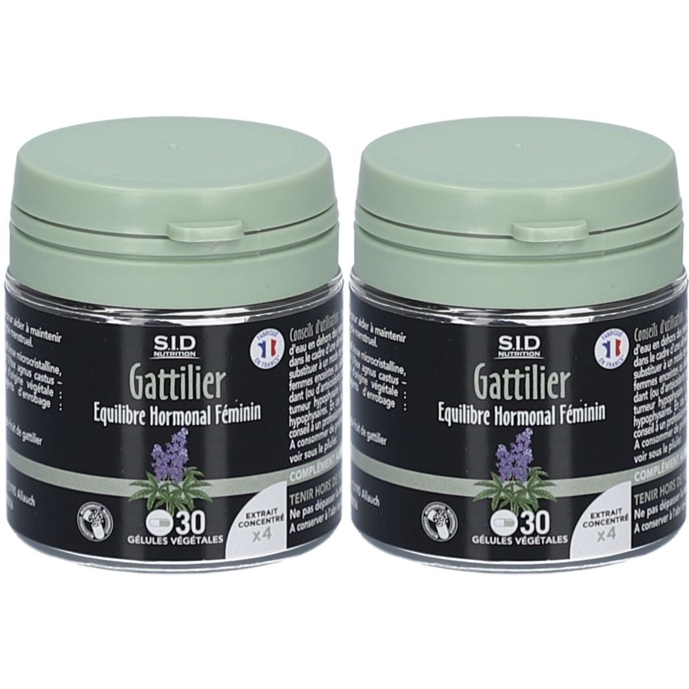 Deux boîtes avec couvercles verts. Inscription: SID Gattilier, Équilibre Hormonal Féminin, 30 Gélules Végétales. Illustration florale.