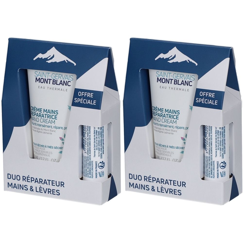 Deux coffrets Duo Réparateur Mains & Lèvres SAINT-GERVAIS MONT BLANC. Tubes blancs et baumes à lèvres dans emballages blanc et bleu.