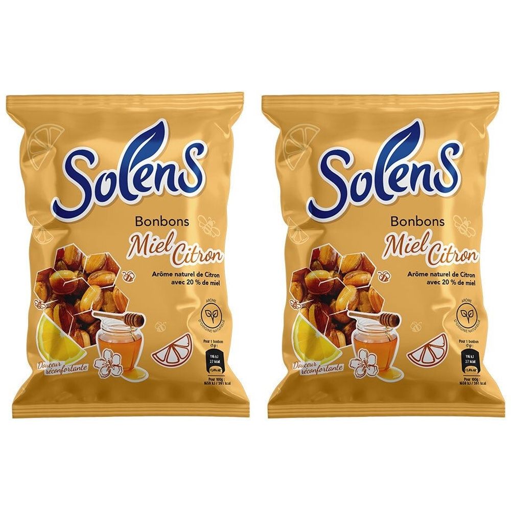 Deux sachets dorés de bonbons SOLENS. Inscription: Miel Citron. Illustration de miel, citron et fleurs.