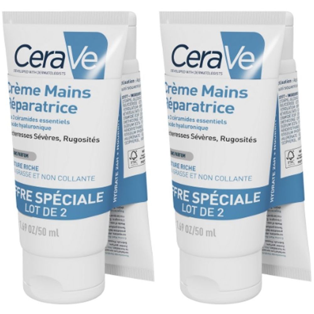 Deux tubes de crème pour les mains CeraVe. Inscription: Crème Mains Réparatrice. Emballage blanc et bleu. Lot de 2.