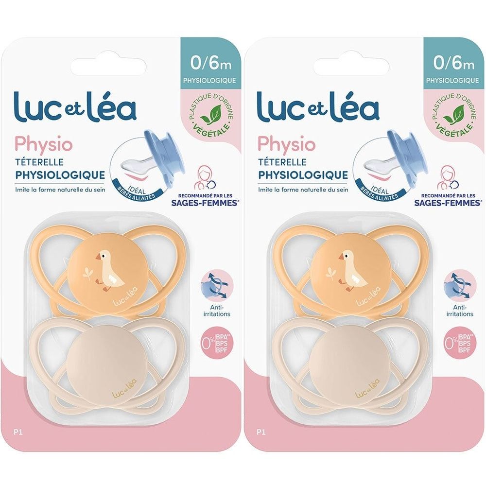Deux sucettes Luc et Léa Physio, 0/6m, emballées. Sucettes beige et orange avec motif d'oie. Recommandé par les sages-femmes.