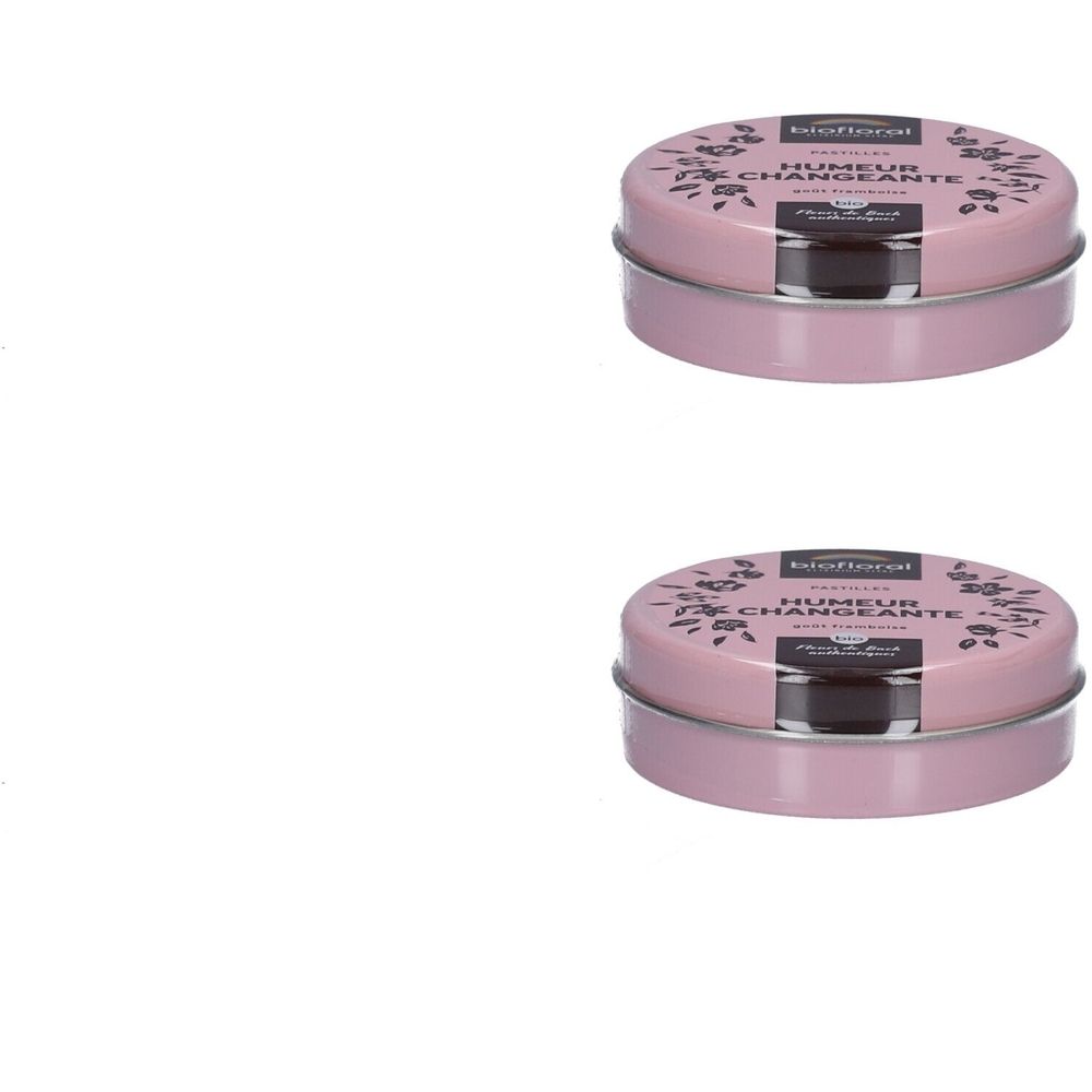 Deux boîtes rondes roses avec couvercles. Inscription : BIOFLORAL, HUMEUR CHANGEANTE, PAST. FRAMBOISE.