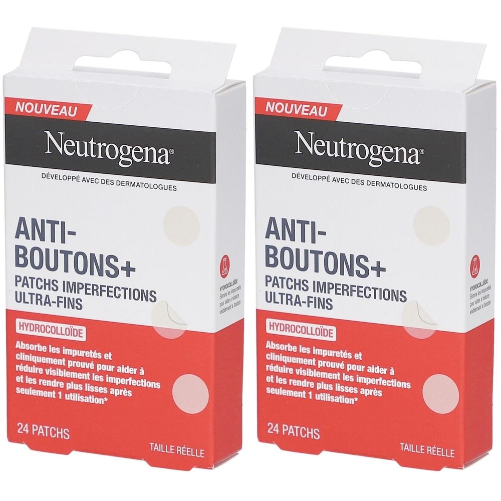 Deux boîtes de patchs Neutrogena Anti-Boutons+. Boîtes blanches avec texte rouge. Inscription : 24 patchs. Patchs ronds et transparents visibles.