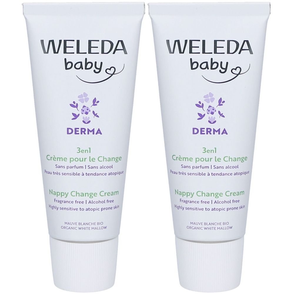 Deux tubes de Crème pour le Change DERMA 3en1 WELEDA baby. Tubes blancs avec texte et motifs violets. Inscriptions en français et anglais.