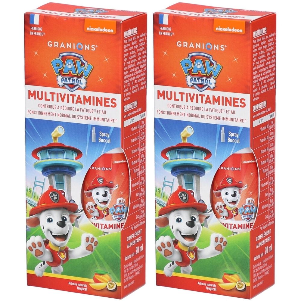 Deux boîtes rectangulaires. Logo Paw Patrol. Inscription: GRANIONS, MULTIVITAMINES, Spray Buccal. Contient 20 ml.