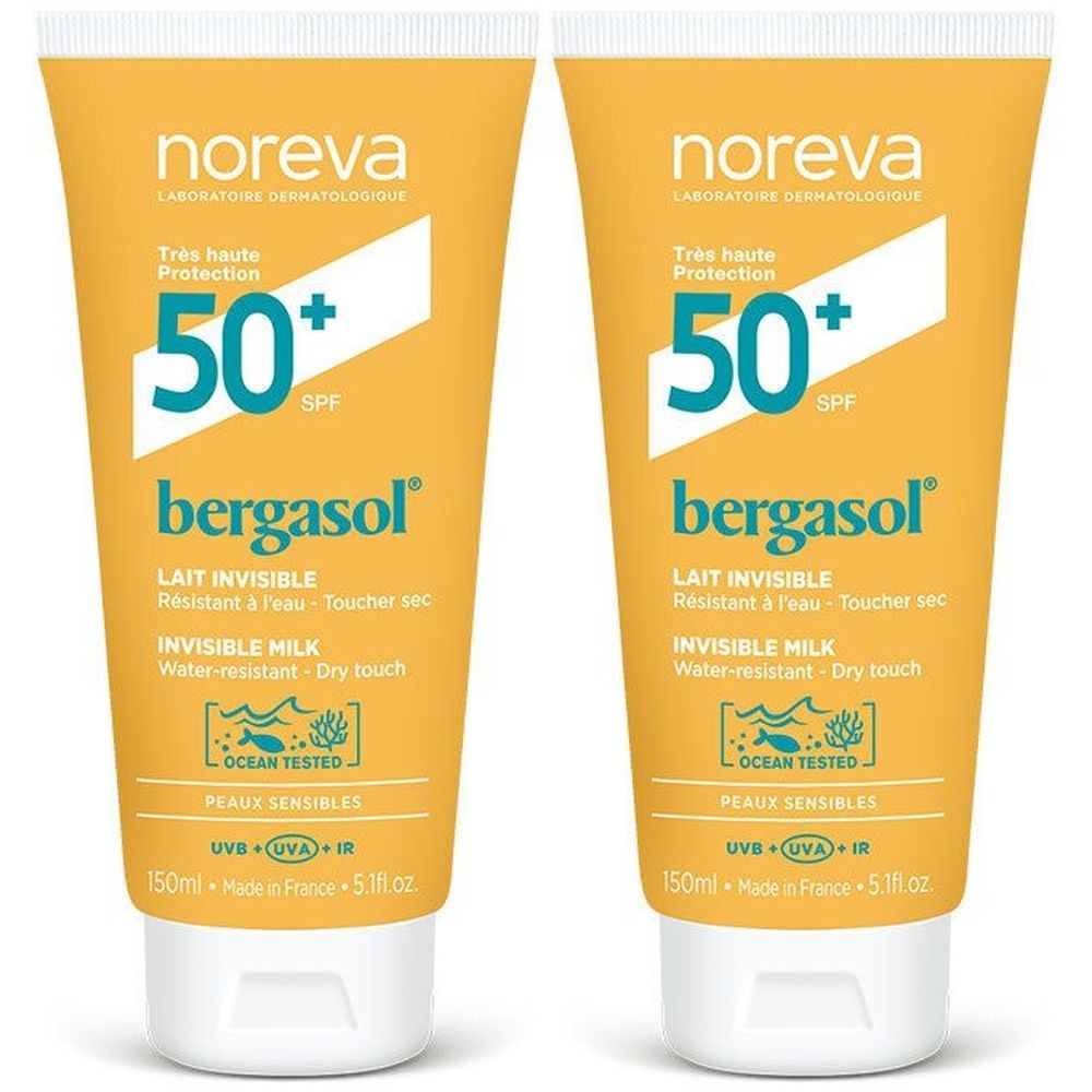Deux tubes de lait solaire. Emballage jaune avec accent blanc. Inscription : Noreva, Bergasol, SPF 50+, Invisible Milk, Ocean Tested.