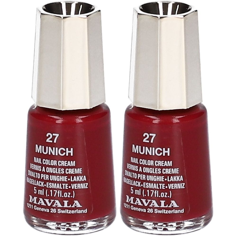 Deux flacons de vernis à ongles rouge-brun. Inscription : 27 Munich, MAVALA. Volume : 5 ml. Bouchon argenté.