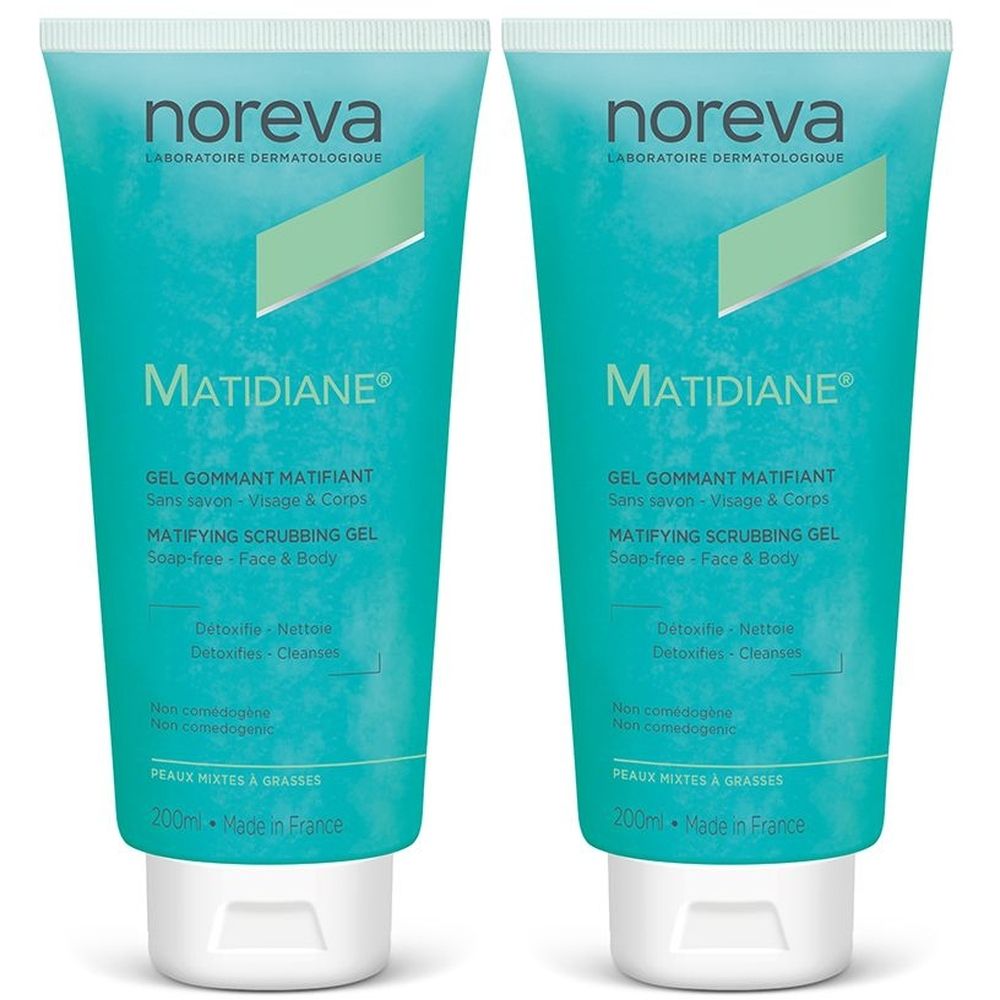 Deux tubes de gel turquoise. Inscriptions "MATIDIANE" et "noreva". Texte : "GEL GOMMANT MATIFIANT", "MATIFYING SCRUBBING GEL". Bouchon blanc.