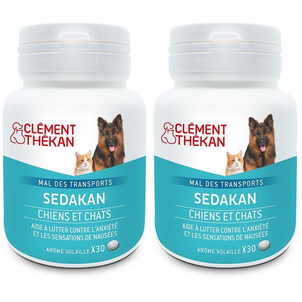 Deux flacons blancs. Étiquettes avec texte: CLEMENT THEKAN, SEDAKAN, CHIENS ET CHATS. Image chien et chat. Arôme volaille X30.