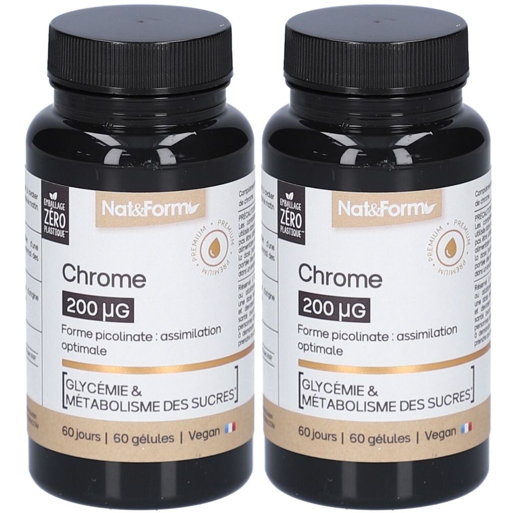Deux flacons noirs de gélules. Inscription: Chrome 200 µg, Forme picolinate, 60 gélules, Vegan. Marque: Nat&Form.