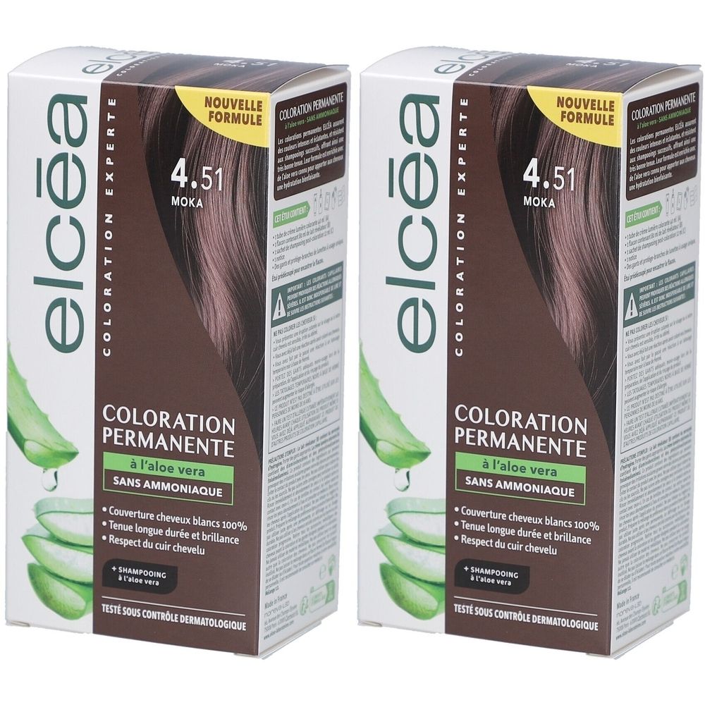 Deux boîtes de coloration permanente ELCEA Moka 4.51. Inscriptions : Aloe vera, sans ammoniaque, couverture 100% cheveux blancs, testé dermatologiquement.