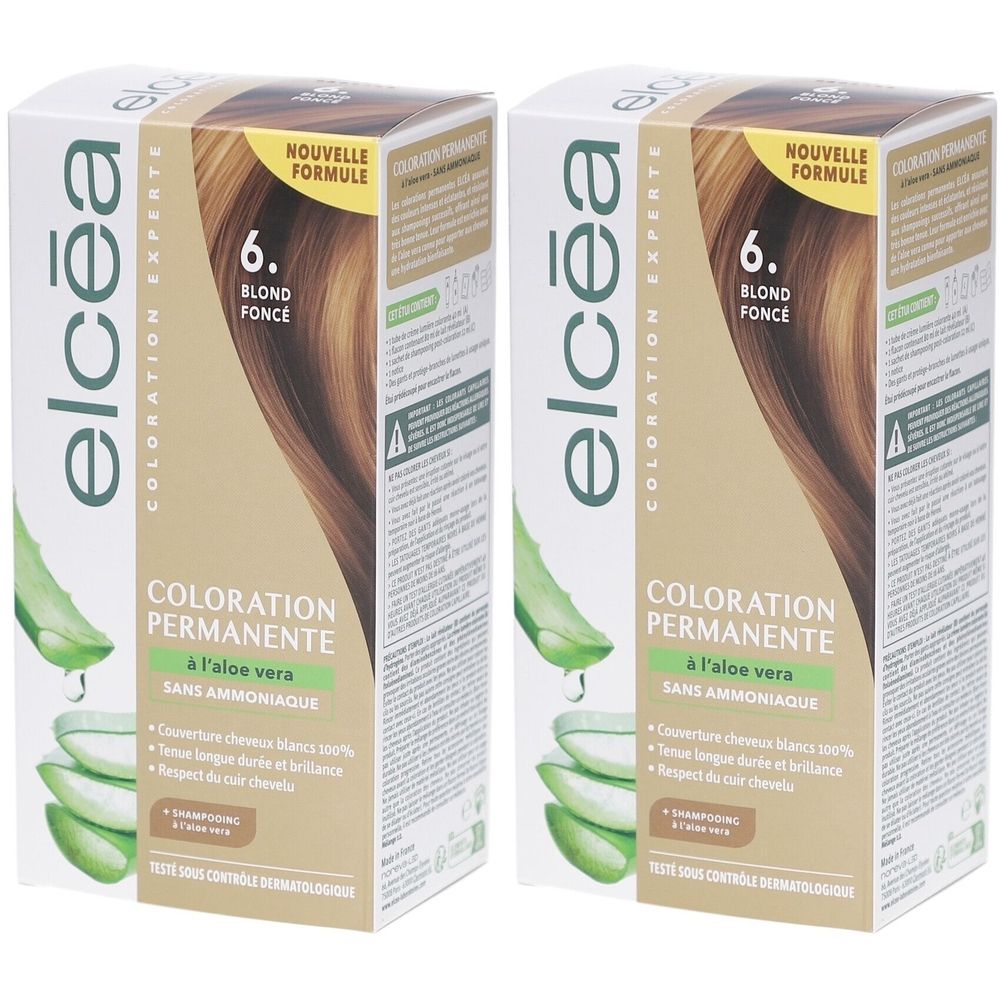 Deux boîtes de coloration ELCEA Blond Foncé – 6. Inscription: Blond Foncé, Coloration Permanente à l'aloe vera, sans ammoniaque.