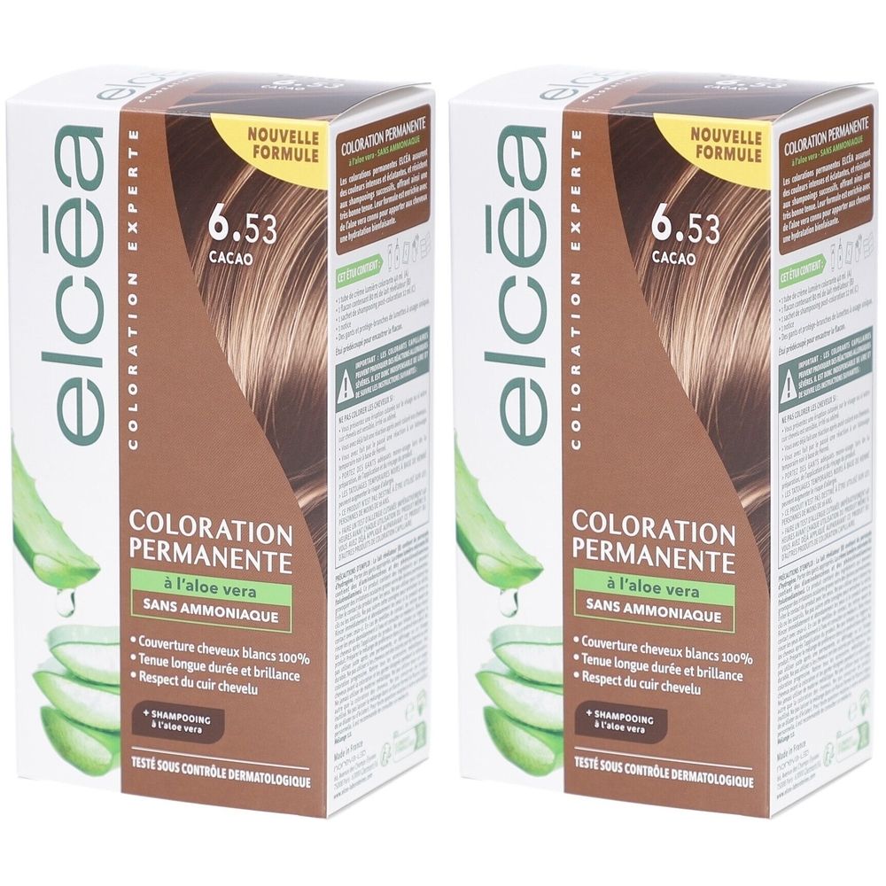 Deux boîtes de coloration capillaire. Inscription: Elcea Coloration Permanente 6.53 Cacao. Contient de l'aloe vera. Sans ammoniaque. Testé dermatologiquement.