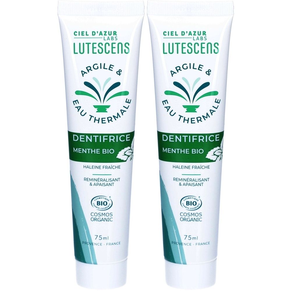 Deux tubes de dentifrice. Inscription: CIEL D'AZUR LUTESCENS, Argile & Eau Thermale, Dentifrice Menthe Bio. Certification Bio.