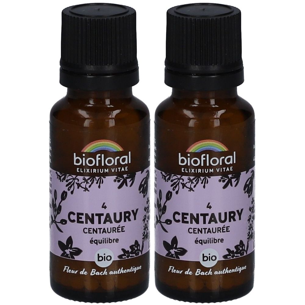 Deux flacons en verre brun avec bouchons noirs. Étiquettes avec "biofloral", "CENTAURY", "bio" et "Fleur de Bach authentique".