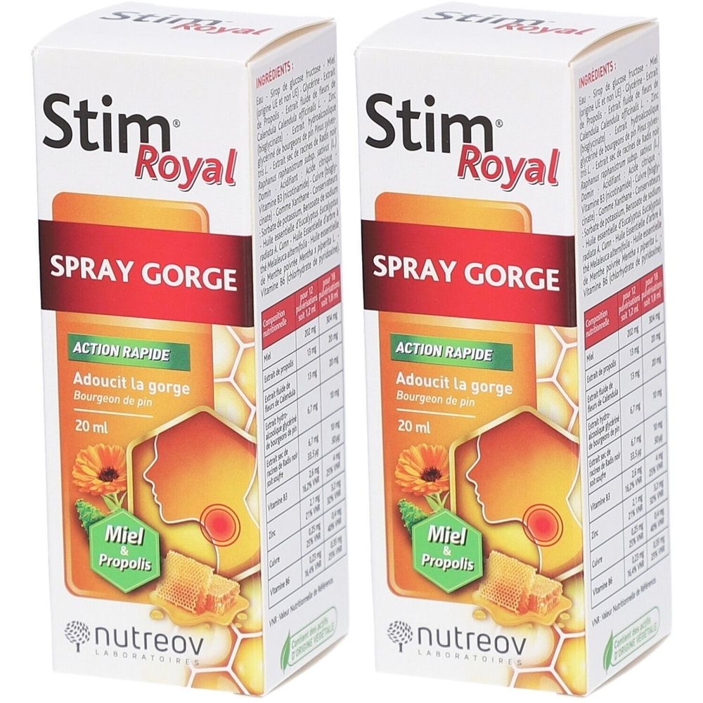 Deux boîtes "Stim Royal Spray Gorge". Éléments rouges et jaunes, texte en français. Marque Nutreov.