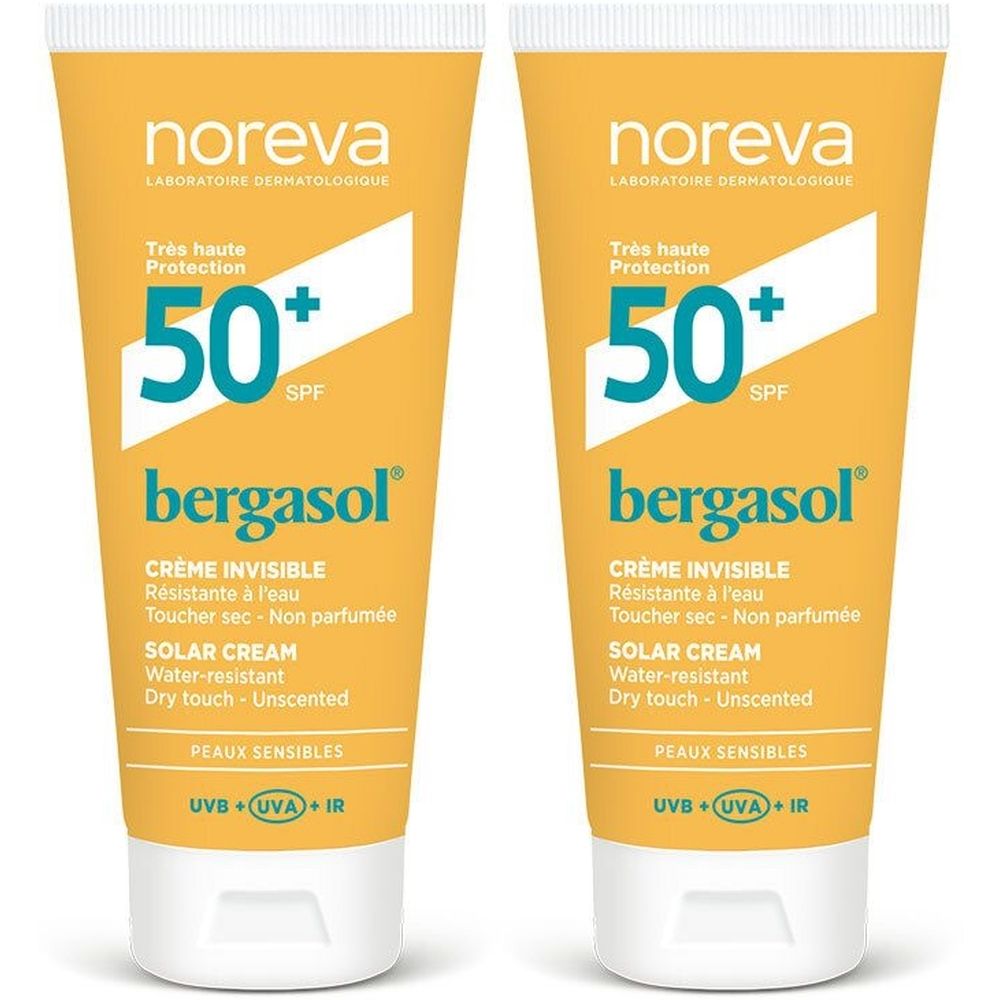 Deux tubes de NOREVA Bergasol Expert Crème SPF50+. Tubes jaunes avec bouchon blanc. Texte: 50+ SPF, Crème Invisible, Solar Cream.