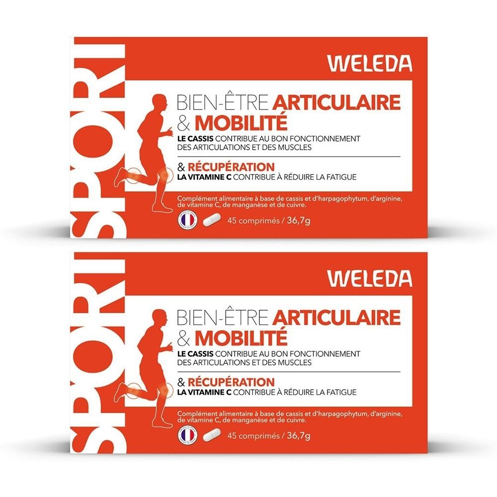 Deux boîtes oranges WELEDA. Texte: BIEN-ÊTRE ARTICULAIRE & MOBILITÉ. Contient 45 comprimés. Logo sportif avec silhouette.