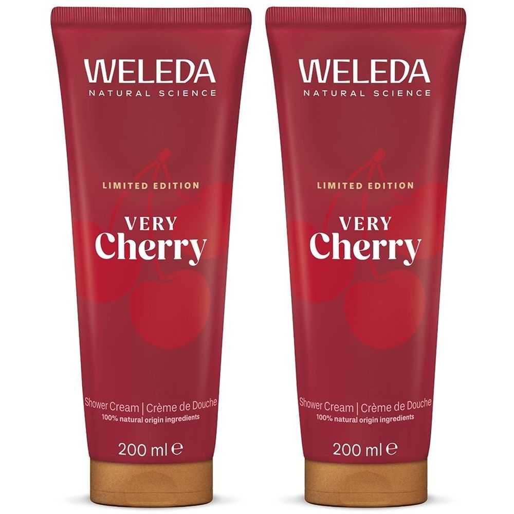 Deux tubes de crème de douche. Inscription : WELEDA, Very Cherry, Édition limitée. Tube rouge avec bouchon doré. 200 ml.