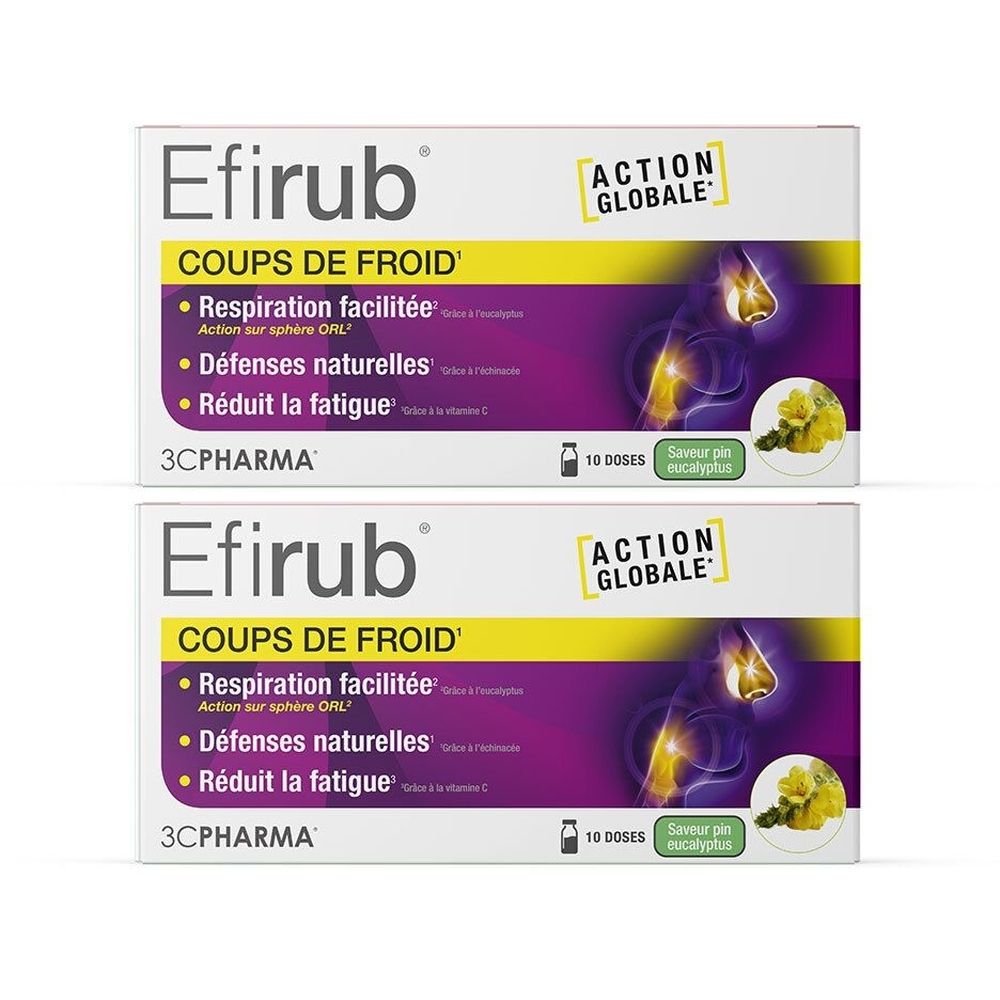 Deux boîtes de Efirub. Inscriptions : Coups de froid, Respiration facilitée, Défenses naturelles, Réduit la fatigue. Marque 3C Pharma. 10 doses.