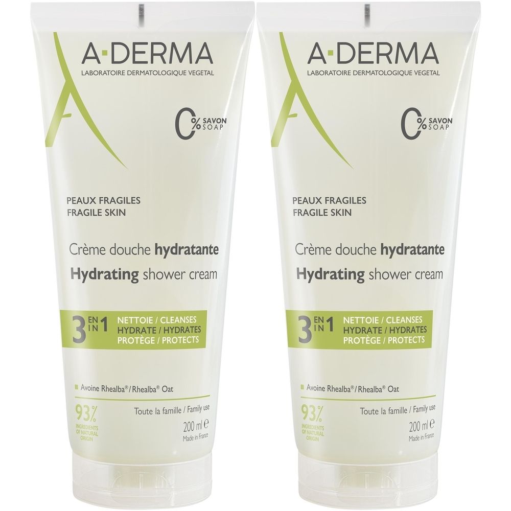 Deux tubes de A-DERMA Crème Douche Hydratante. Tubes blancs avec texte vert. Inscription : Peaux Fragiles, Crème douche hydratante, 3 en 1.