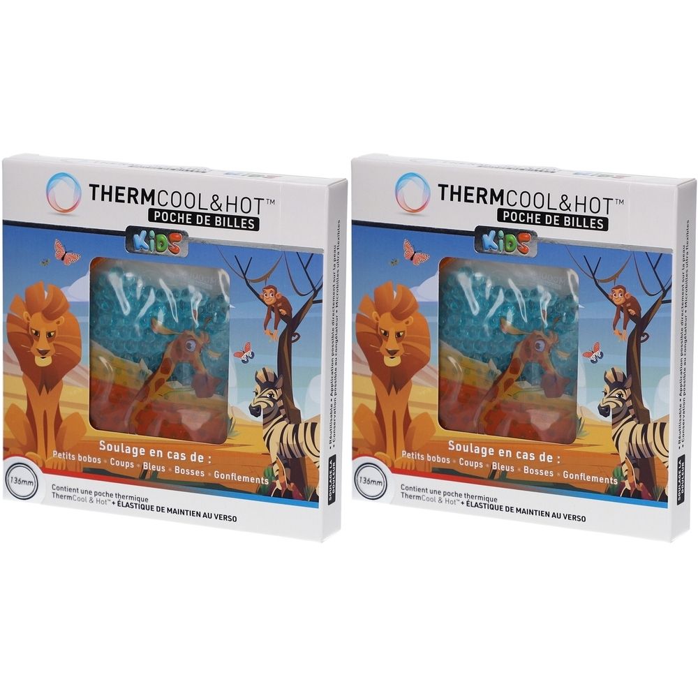 Deux boîtes rectangulaires avec le nom du produit THERMCOOL&HOT KIDS. Des illustrations d'animaux sont visibles sur l'emballage.