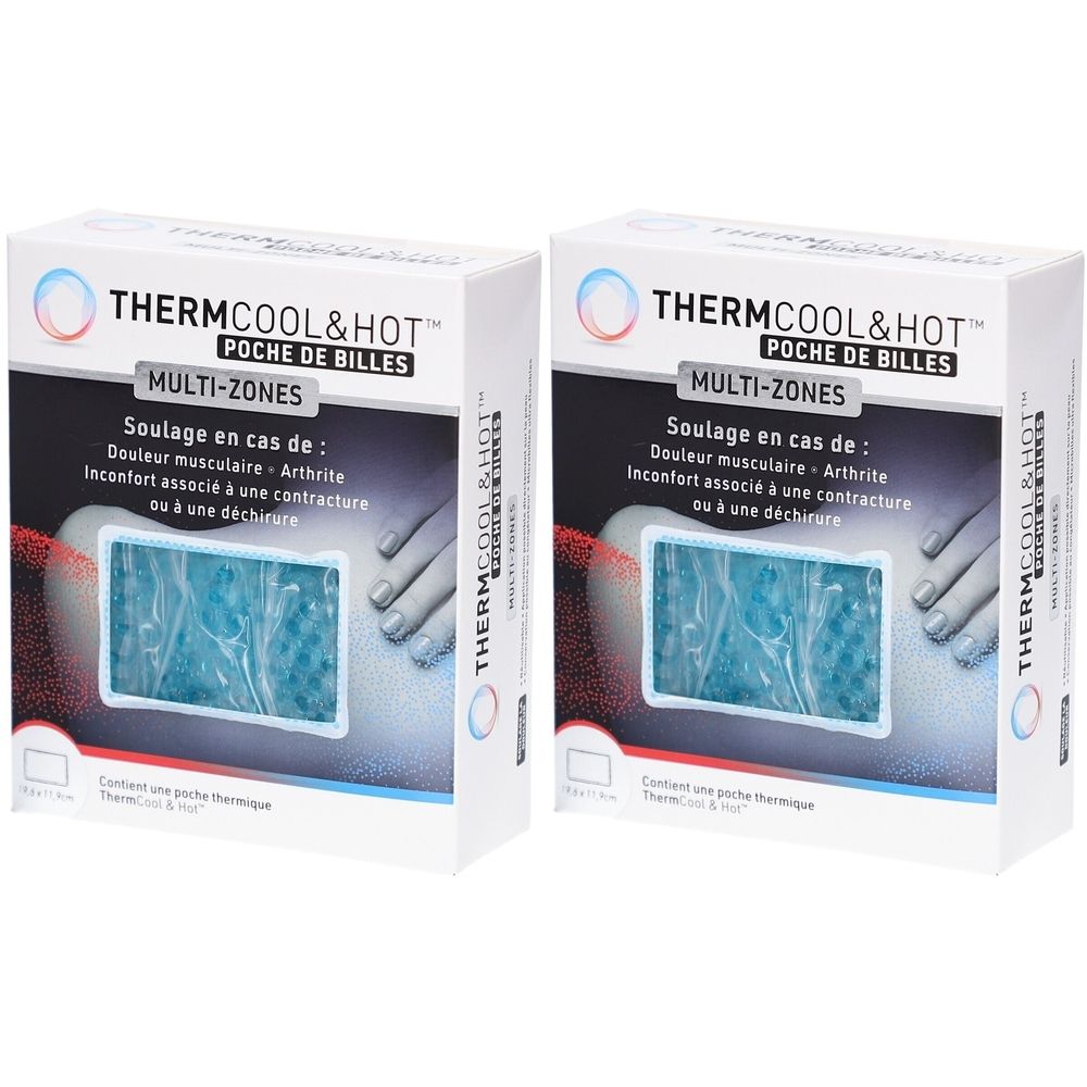 Deux boîtes rectangulaires. Inscription: THERMCOOL & HOT, POCHE DE BILLES, MULTI-ZONES. Texte: Soulage en cas de: Douleur musculaire - Arthrite.