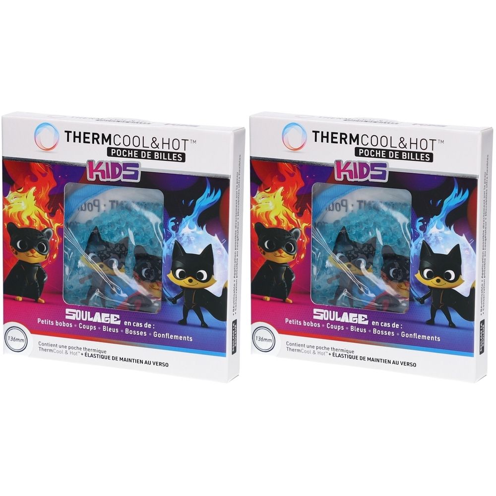 Deux boîtes de produit. Inscription: THERMCOOL & HOT, KIDS, POCHE DE BILLES. Illustration d'un personnage de dessin animé. Contient une poche thermique.