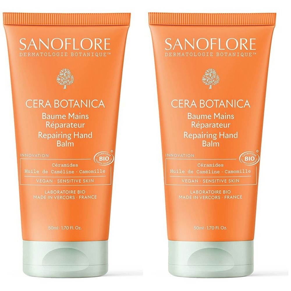 Deux tubes de baume pour les mains. Tubes orange avec bouchons verts. Inscription : SANOFLORE, Cera Botanica, Baume Mains Réparateur, Repairing Hand Balm.