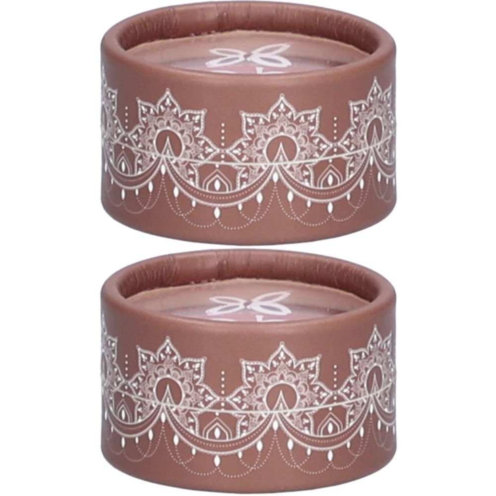 Deux contenants ronds avec couvercles. Couleur marron avec motif dentelle blanc. Un logo est visible sur le dessus.