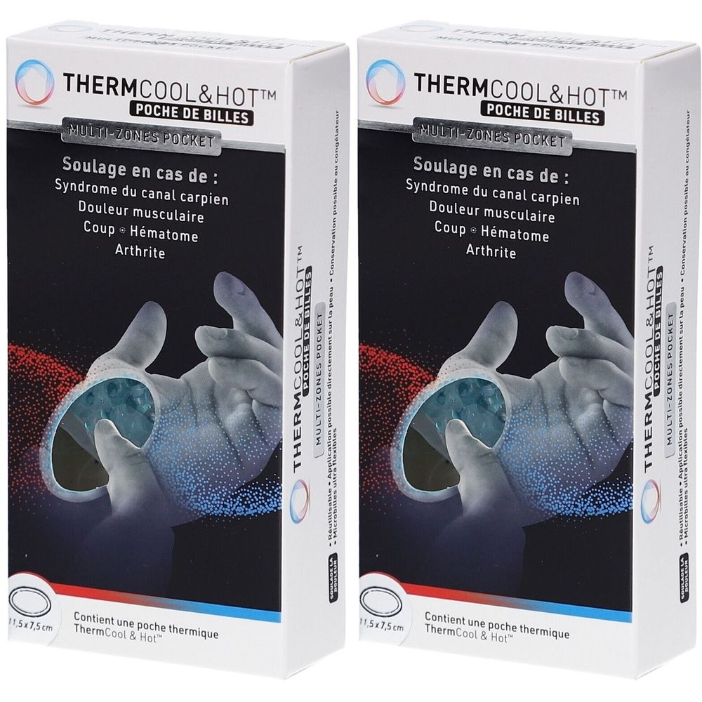 Deux boîtes ThermCool&Hot, poche de billes. Texte: Syndrome du canal carpien, douleur musculaire, coup, hématome, arthrite.