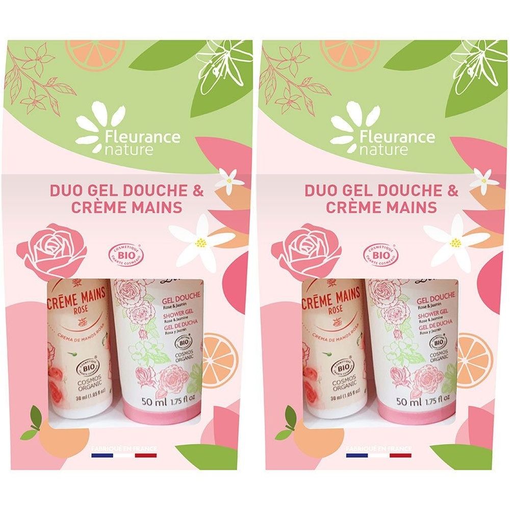 Coffret cadeau Duo Gel Douche & Crème Mains. Certifié bio. Décor floral et fruits. Tubes blancs avec inscriptions et illustrations.