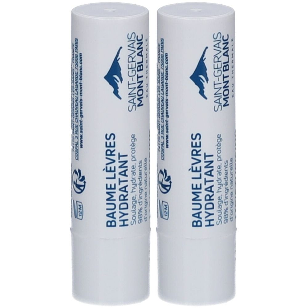 Deux sticks de baume à lèvres blancs. Inscription: SAINT-GERVAIS MONT BLANC, BAUME LÈVRES HYDRATANT.