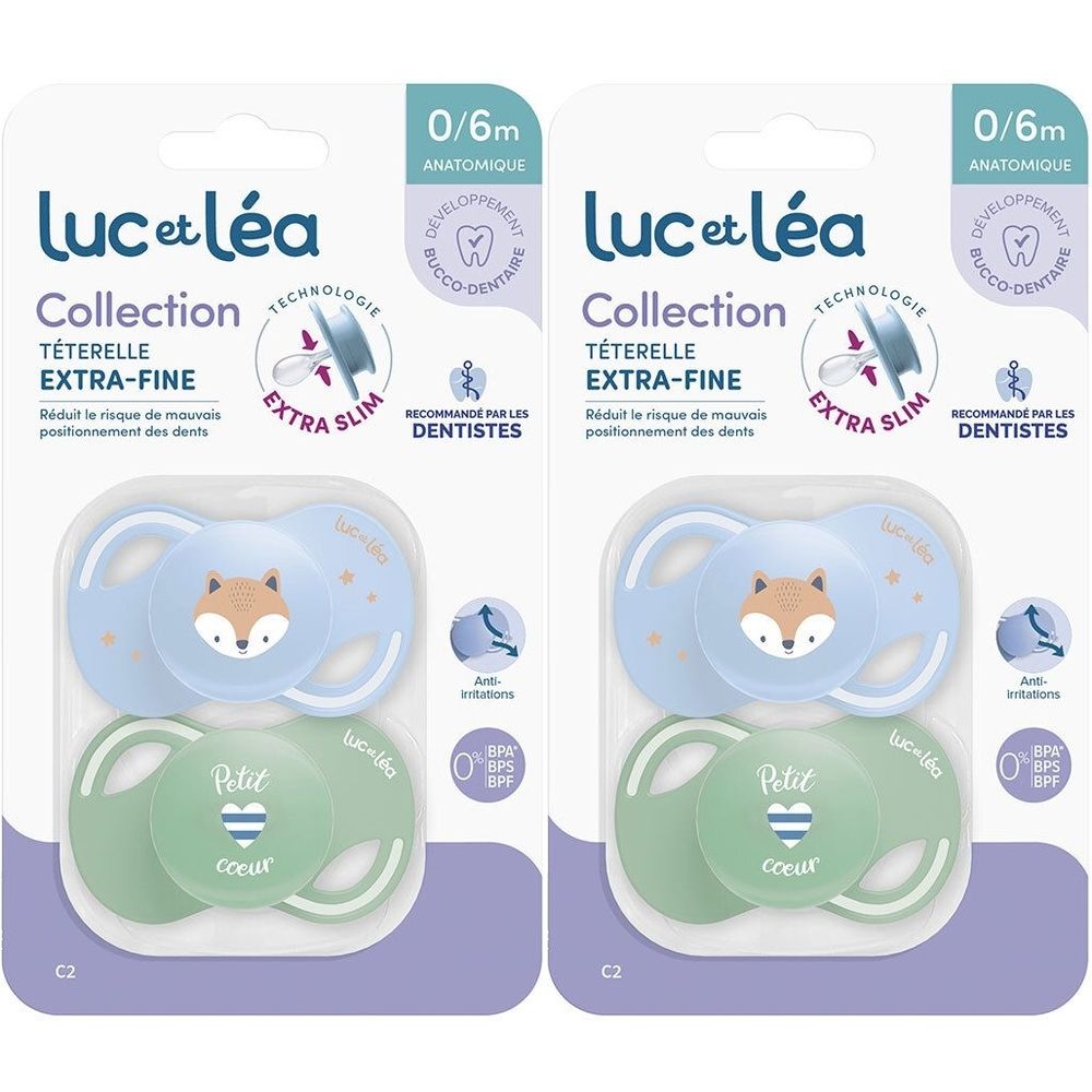 Deux sucettes anatomiques extra-fines Luc et Léa, emballées. Motifs renard et cœur. 0/6 mois. Recommandé par les dentistes.