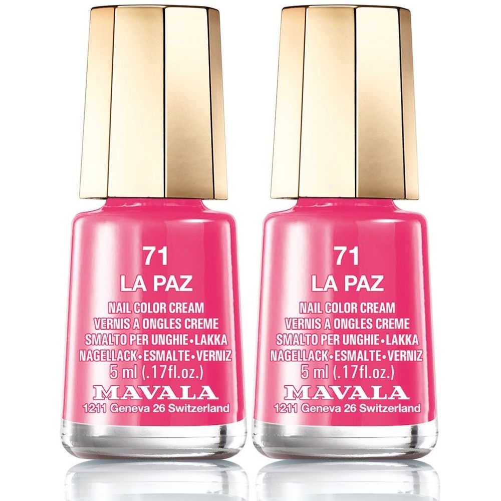 Deux flacons de vernis à ongles roses, bouchons dorés. Inscription : 71 LA PAZ, MAVALA. 5 ml.