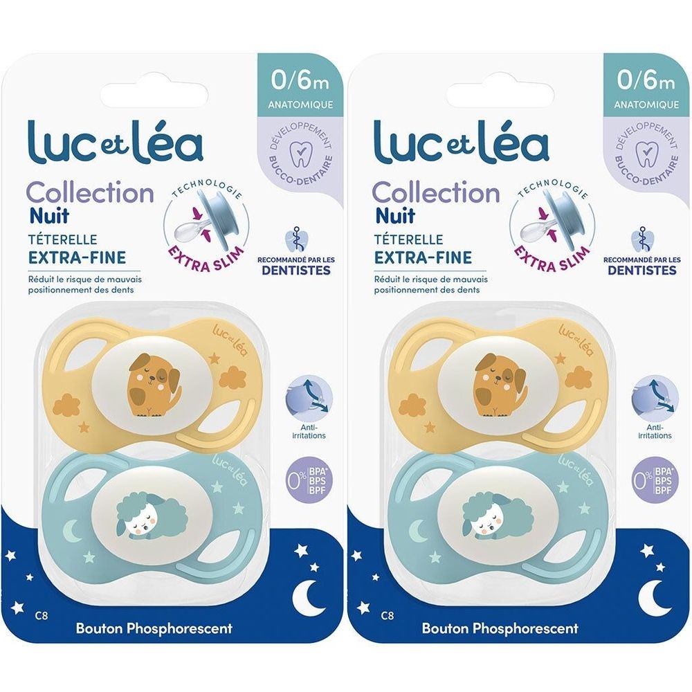 Deux tétines Luc et Léa, Collection Nuit, 0/6m. Jaune et bleu, motifs animaux. Extra-fine, anatomique, recommandées.