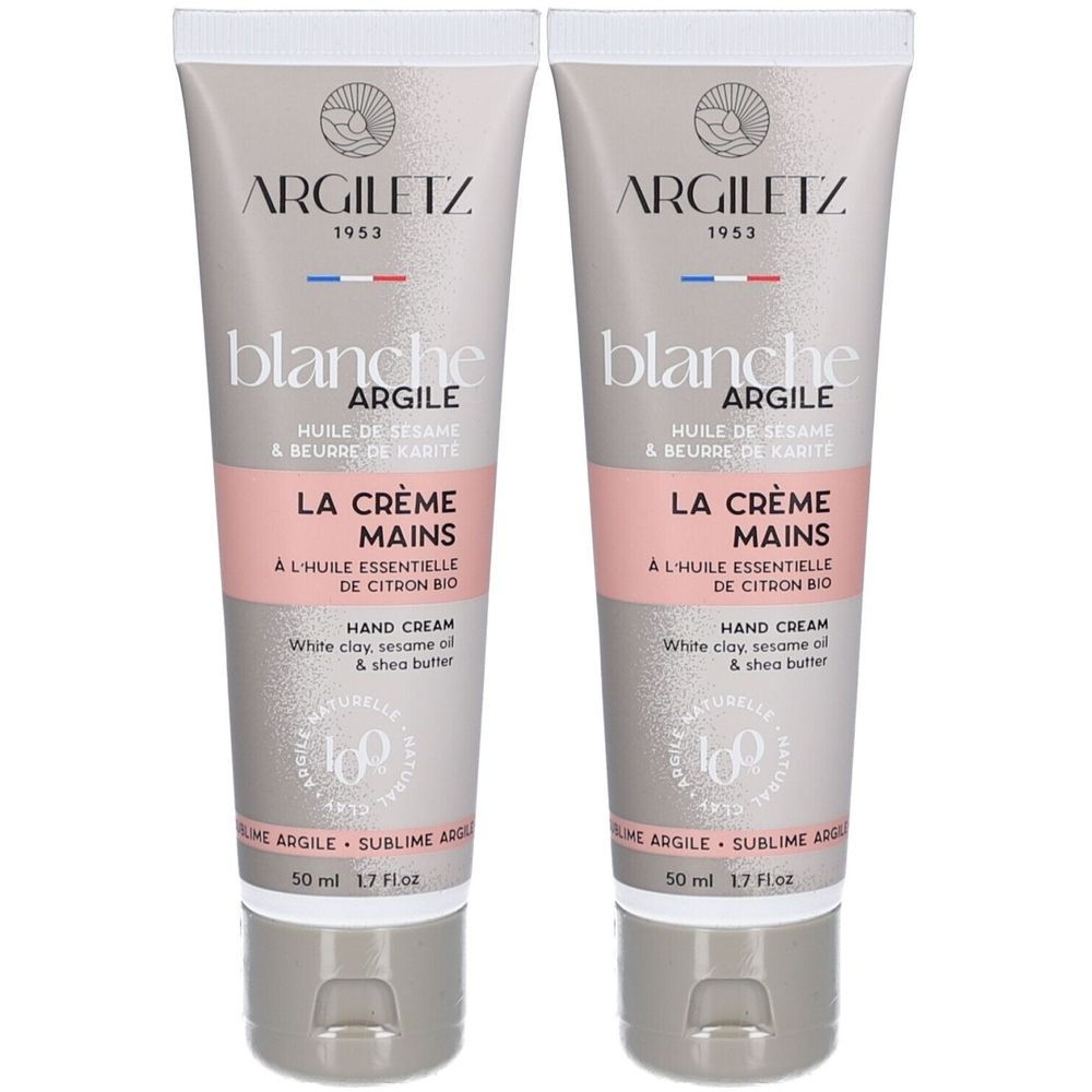 Deux tubes de crème pour les mains. Inscription : ARGILETZ, blanche argile, La Crème Mains. Contient huile de sésame, beurre de karité et huile essentielle de citron. Tube gris et rose.