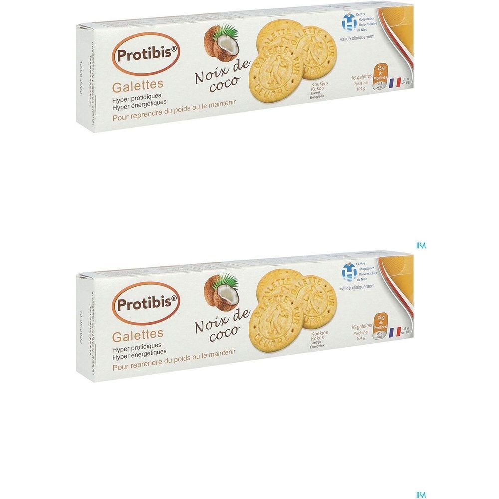 Boîte de Protibis Galettes. Inscription Noix de coco. Représentation de biscuits et noix de coco. Contient 16 portions.