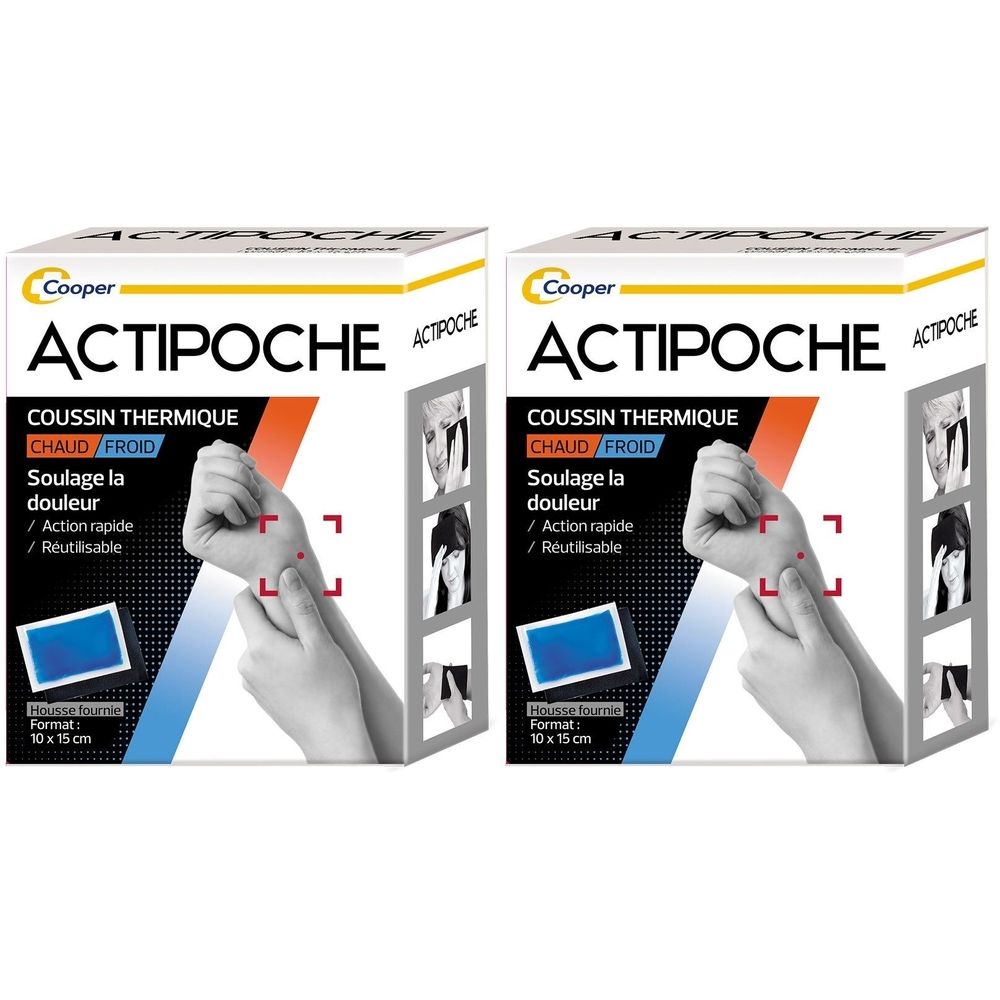 Deux boîtes ACTIPOCHE. Coussin thermique, chaud/froid, format 10x15 cm. Illustration d'une main avec cible rouge. Marque Cooper.