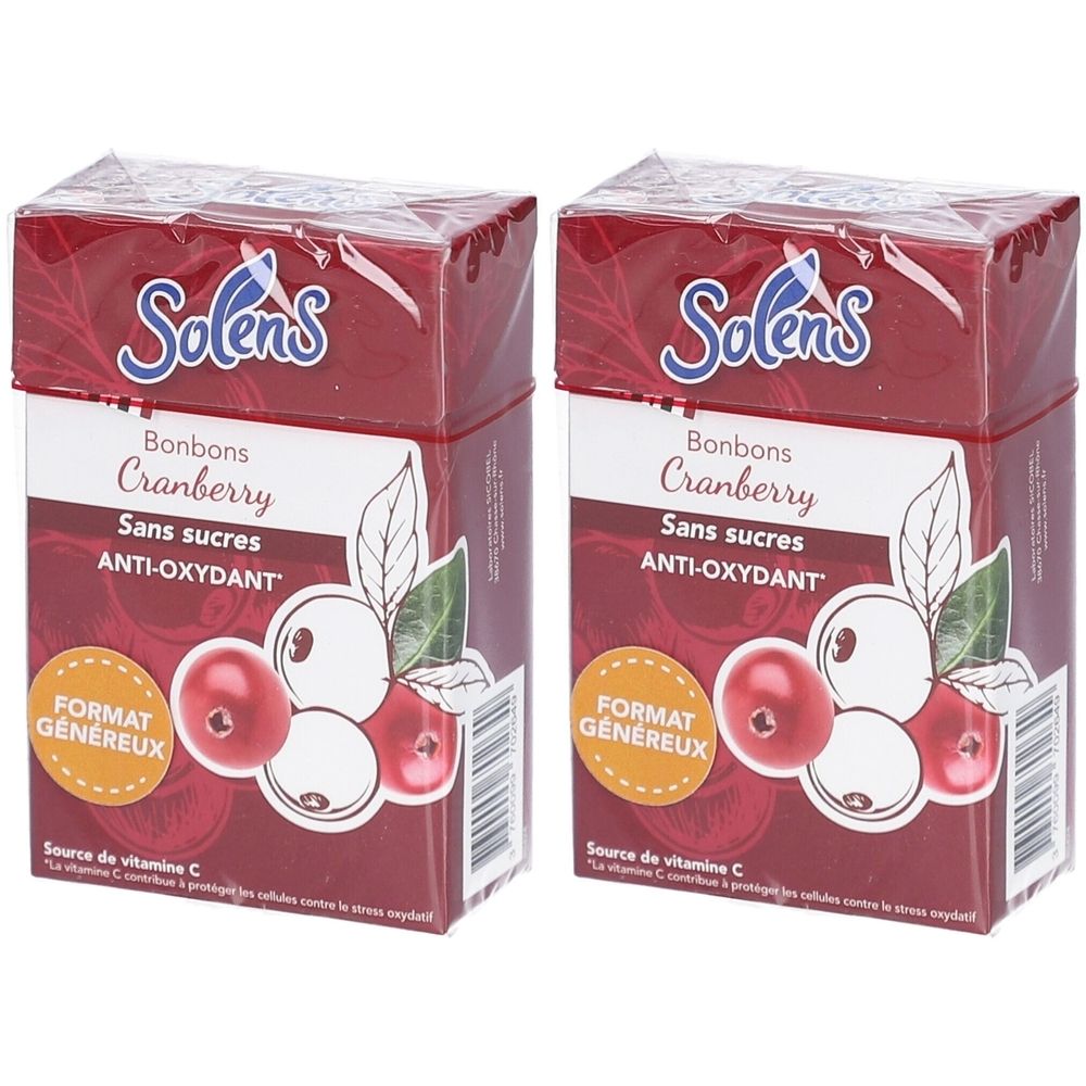 Deux boîtes de Solens Bonbons Cranberry Sans Sucres. Emballage rouge avec nom du produit, illustration de canneberges et texte. Emballage transparent.