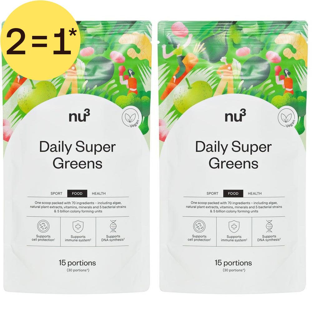 Deux sachets nu3 Daily Super Greens, autocollant "2=1", chacun pour 15 portions.