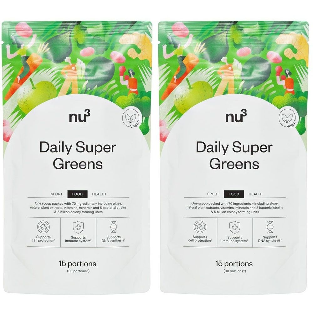 Deux sachets de "Daily Super Greens" de nu3. Emballage blanc avec impression verte. Contient 15 portions. Label végétalien.
