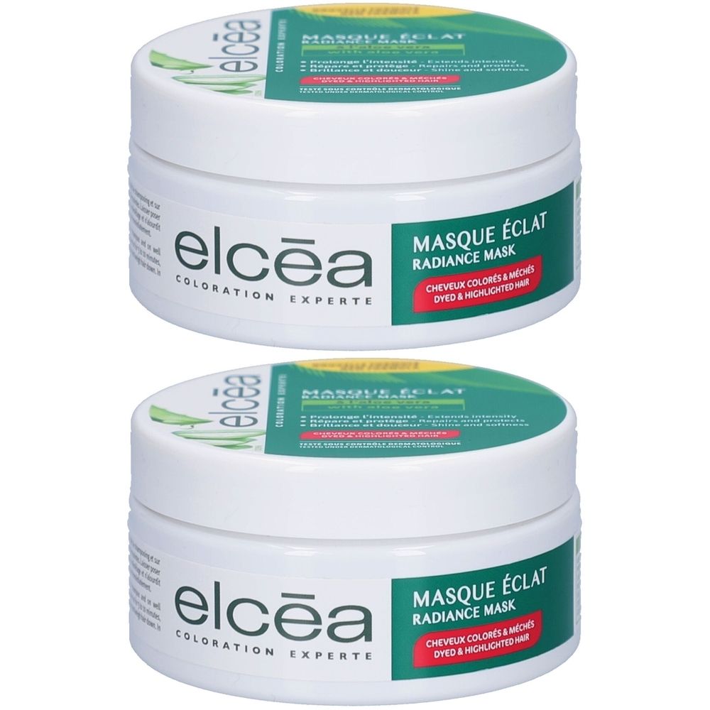Deux pots blancs avec couvercles verts. Inscription: ELCEA, MASQUE ÉCLAT, RADIANCE MASK. Pour cheveux colorés et méchés.