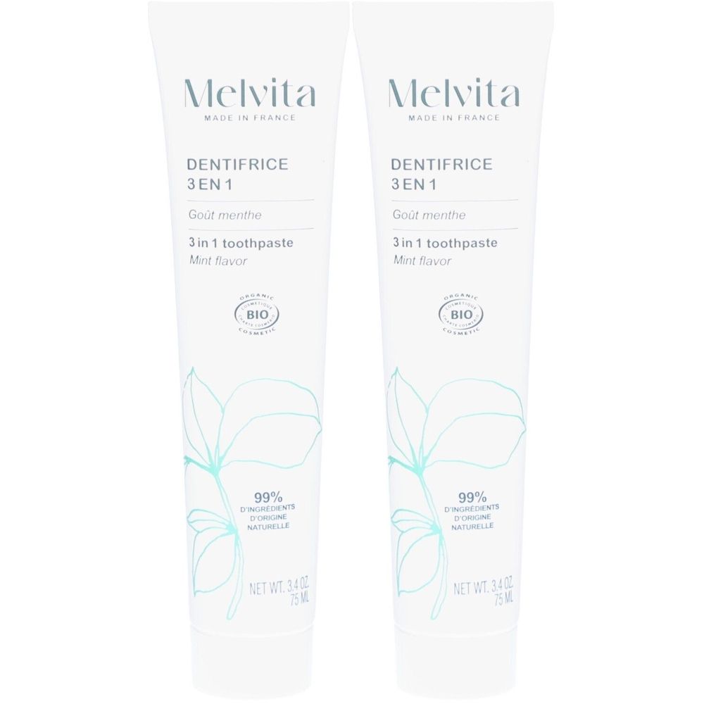 Deux tubes de dentifrice blancs. Inscriptions: Melvita, Dentifrice 3 en 1, saveur menthe, 99% d'ingrédients d'origine naturelle, Bio.