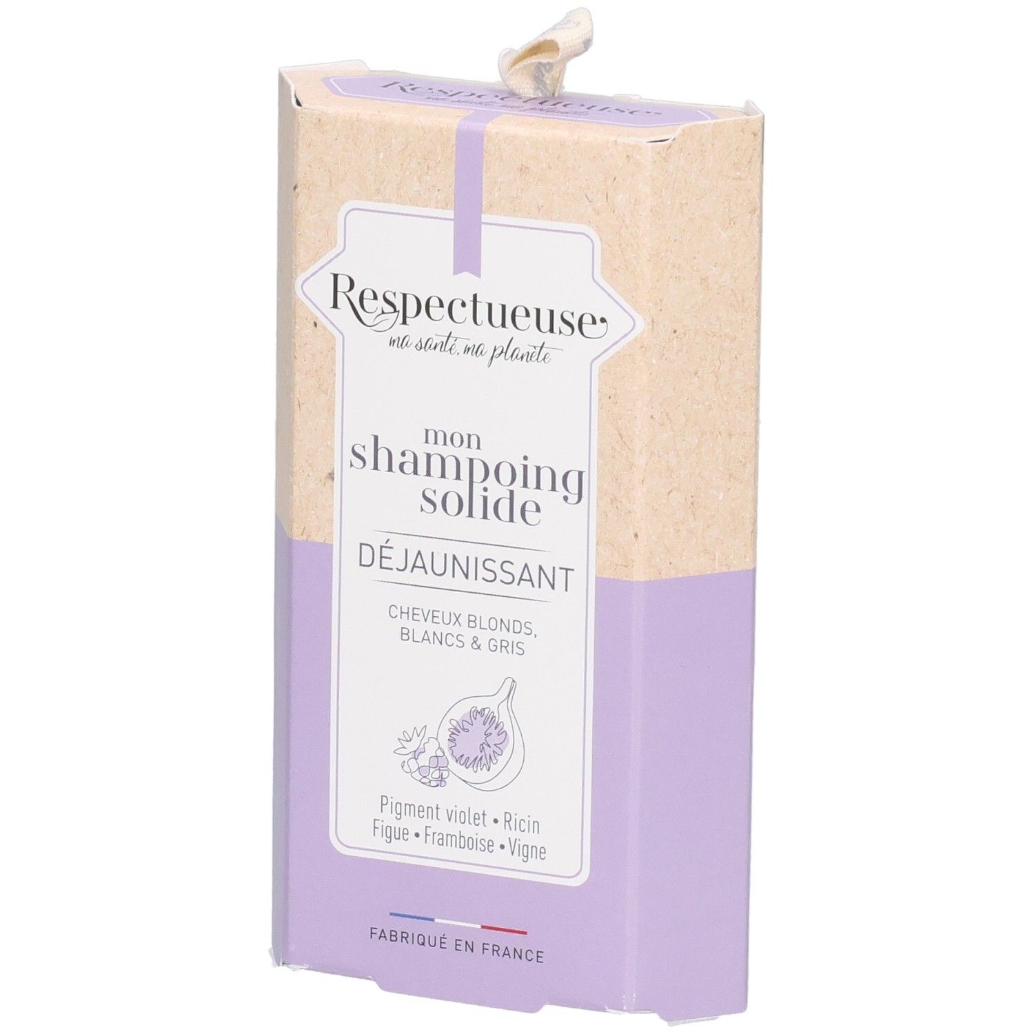 Emballage Respectueuse. Boîte bicolore violet/beige avec nom du produit et illustration de figue. Inscription "shampoing solide".