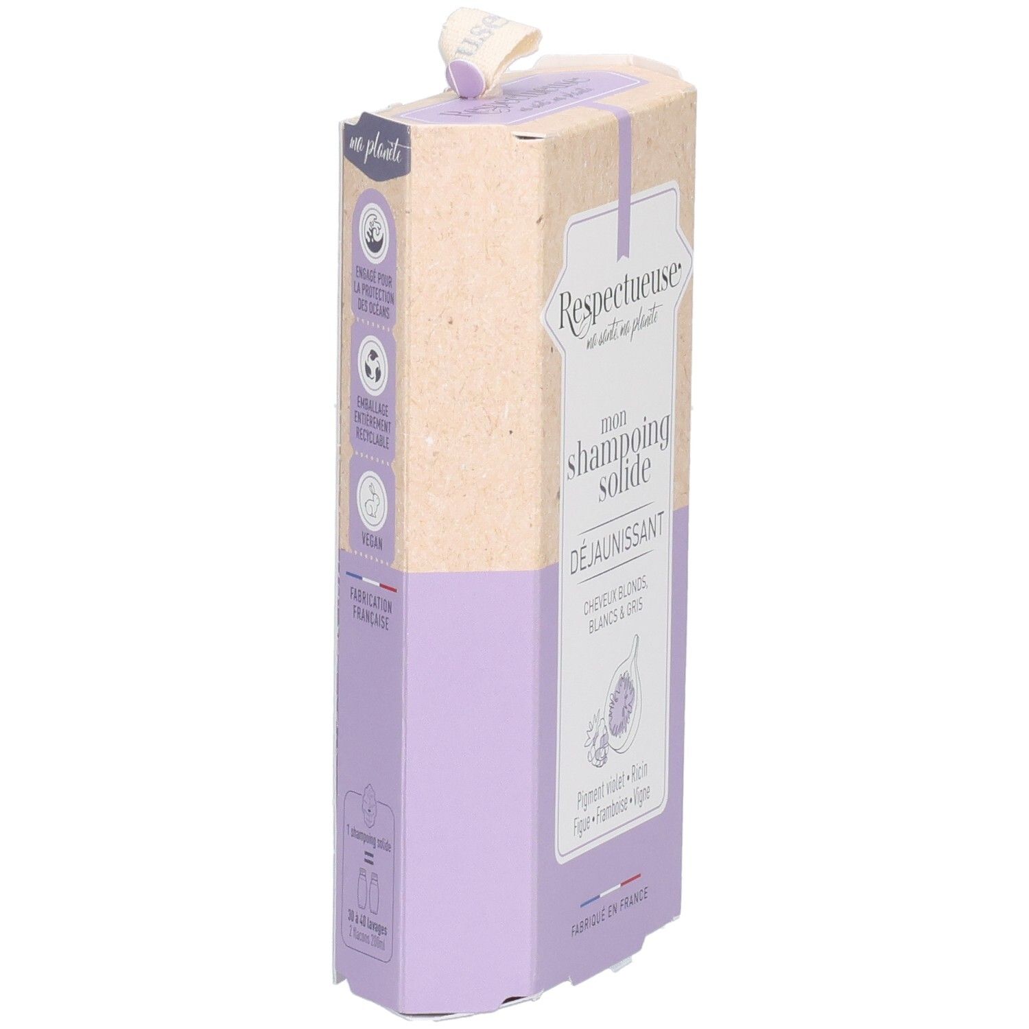 Emballage Respectueuse. Boîte angulaire violet/beige avec nom du produit et logo. Vue latérale.