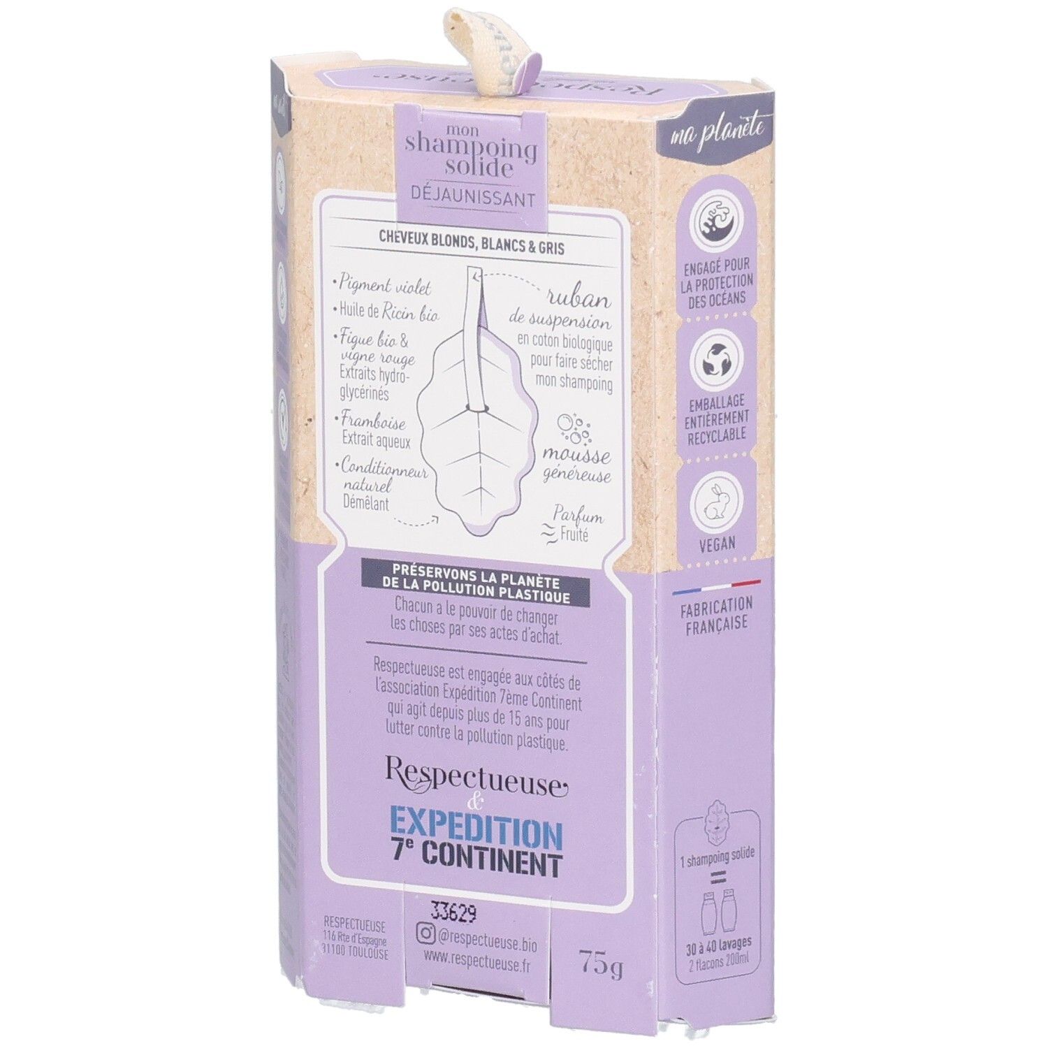 Emballage Respectueuse. Boîte violet/beige avec informations produit, logo et ingrédients. Texte en français.