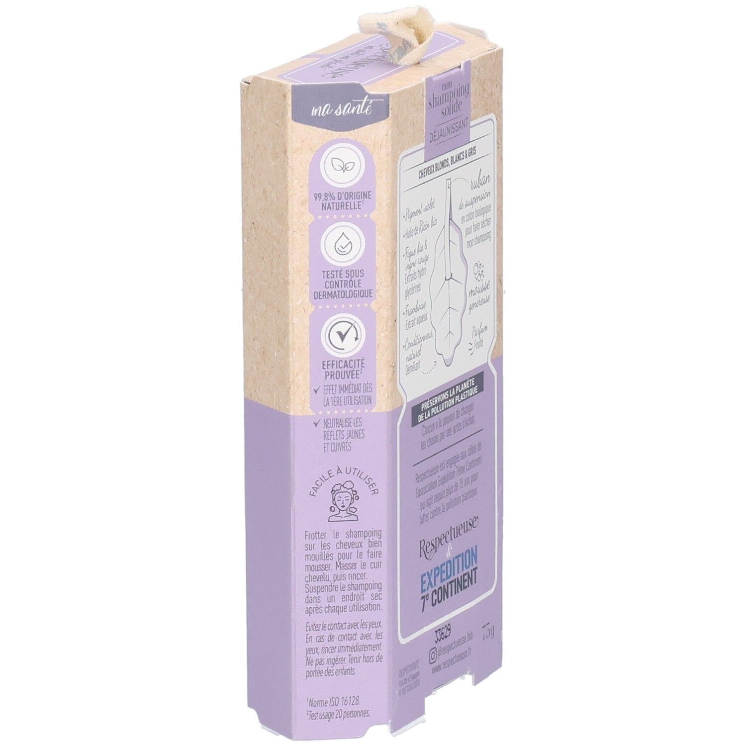 Emballage Respectueuse. Boîte violet/beige avec informations produit, logo et ingrédients. Vue latérale.