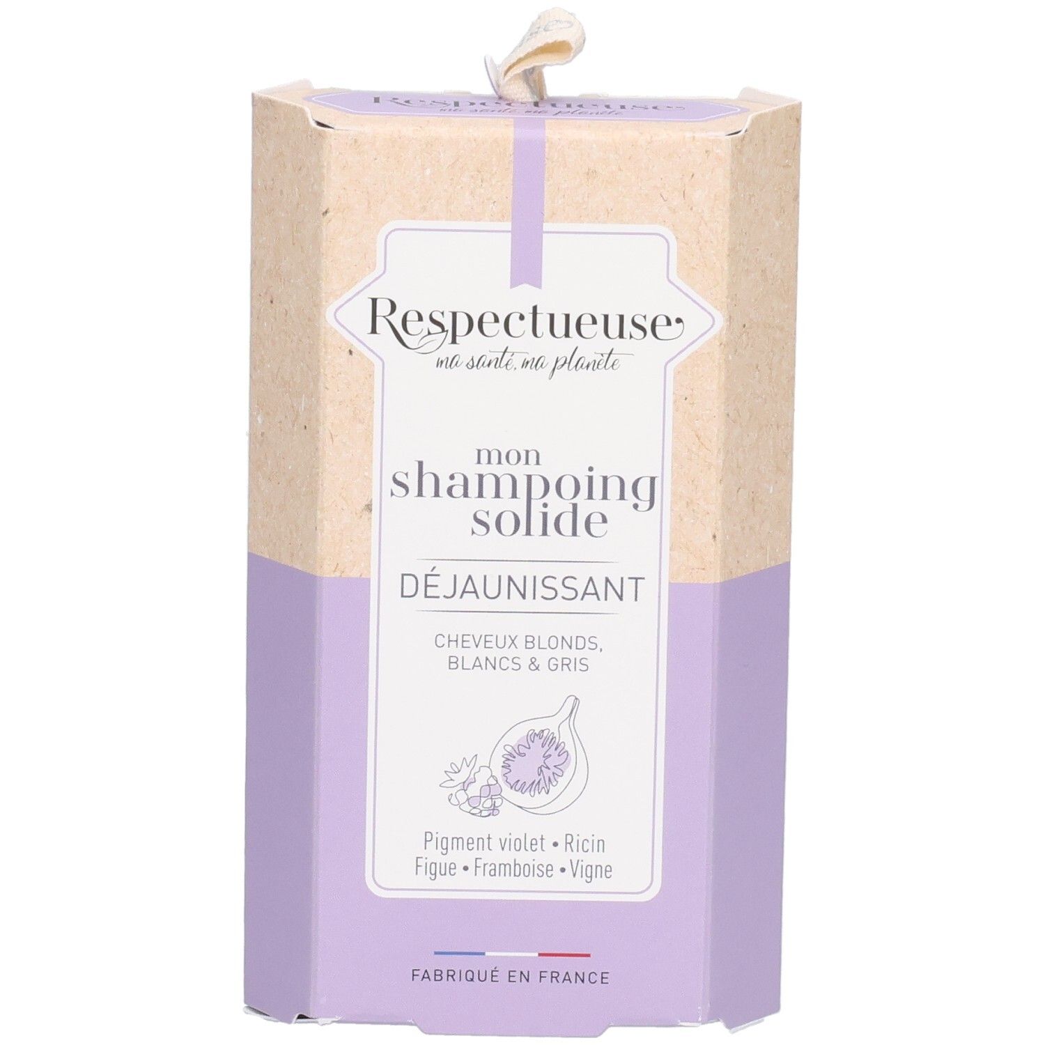 Emballage Respectueuse. Boîte violet/beige avec nom du produit et logo. Vue de face.