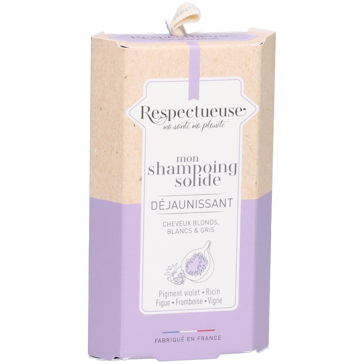 Emballage Respectueuse. Boîte violet/beige avec nom du produit et logo. Vue de face.